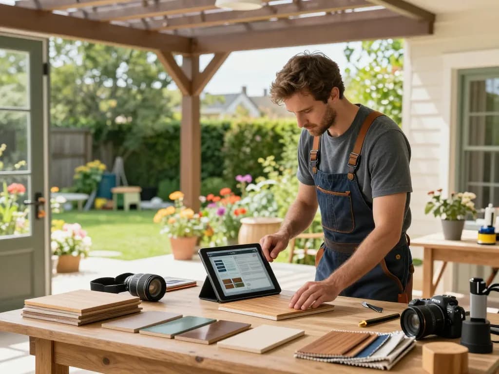Configuratore pergole con preventivi automatici utilizzato da artigiani per personalizzare una pergola in un luminoso laboratorio da giardino.