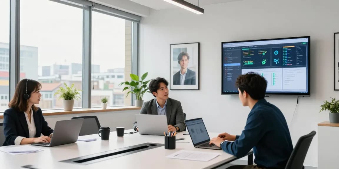 Business IT support londor team collaborating over tech strategies in modern office.