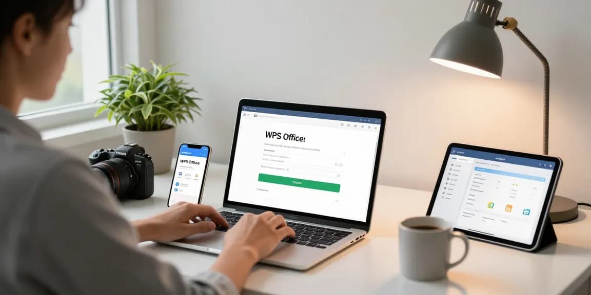 Modern home office scene highlighting WPS Download on laptop, smartphone with WPS app, and tablet displaying productivity tools.