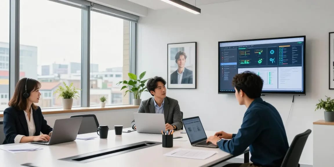 Business IT support londor team collaborating over tech strategies in modern office.