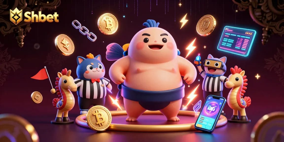 Shbet engages players with vibrant 3D casino illustration featuring a fugu in a sumo belt surrounded by crypto elements