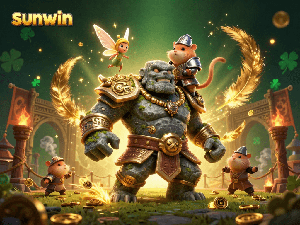 Experience winning strategies with sunwin in a vibrant, magical casino backdrop featuring a golem guardian, fairy, and hamster knight.
