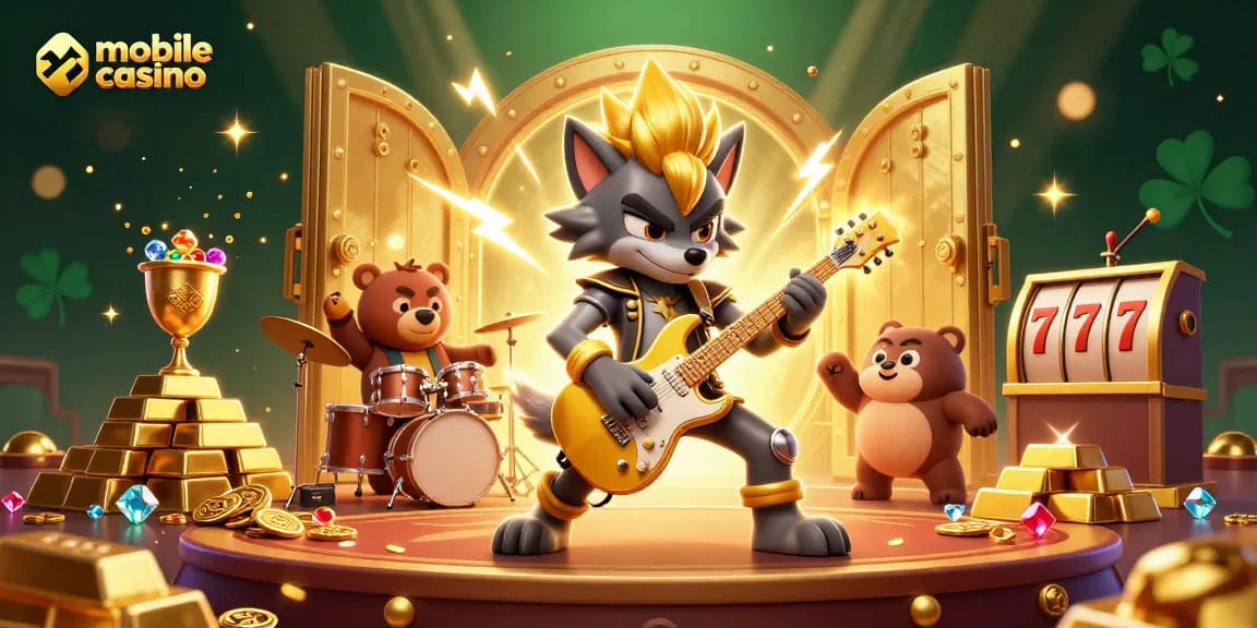 Experience the excitement of a mobile casino with a lively rock star wolf, dynamic gold treasures, and striking animation.