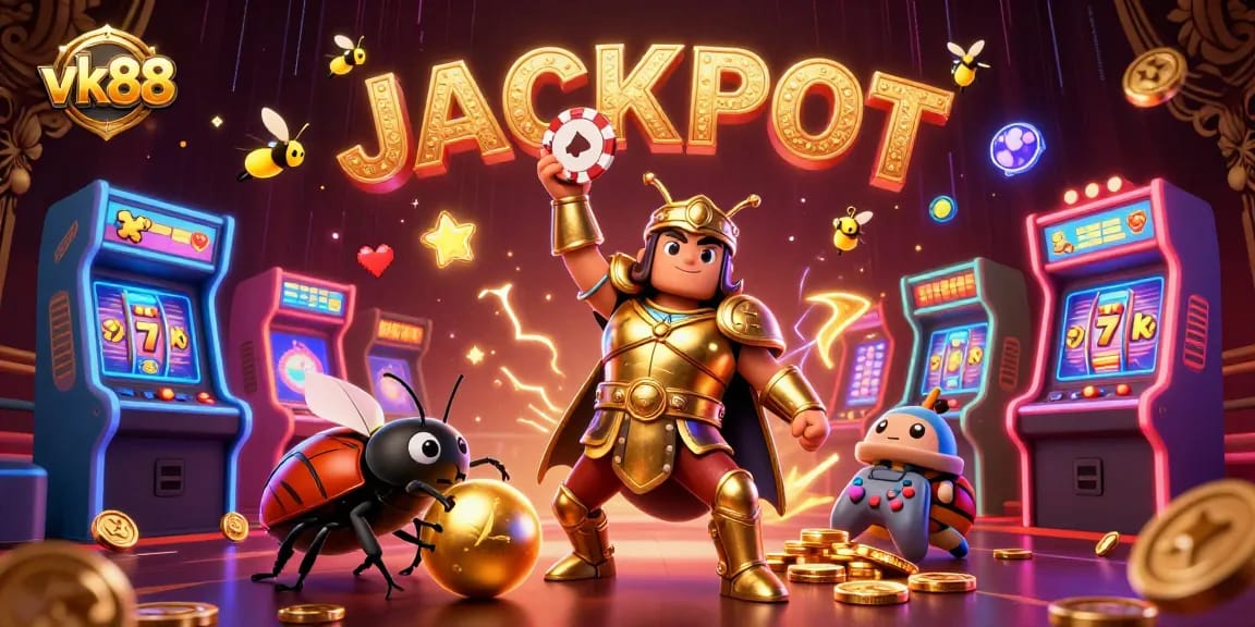 Engage with vk88's thrilling jackpot casino adventure featuring vibrant characters and gaming elements.