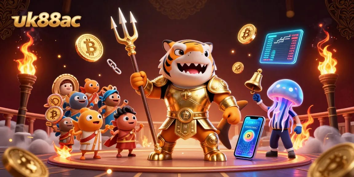 Engage with the thrilling underwater world of uk88ac, featuring a tiger shark in gladiator armor.
