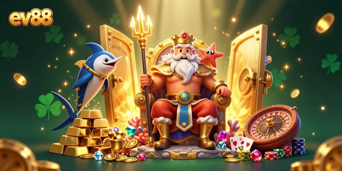 Engage with the magical ev88 gaming world featuring Neptune and treasure elements in an enchanting casino scene.