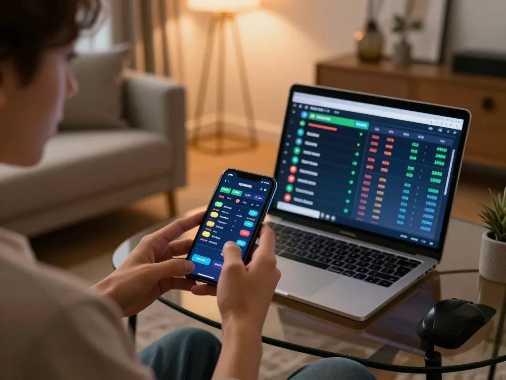 Engaging in sports betting at nhà cái oxbet from a cozy home setup, highlighting live odds on smartphone.