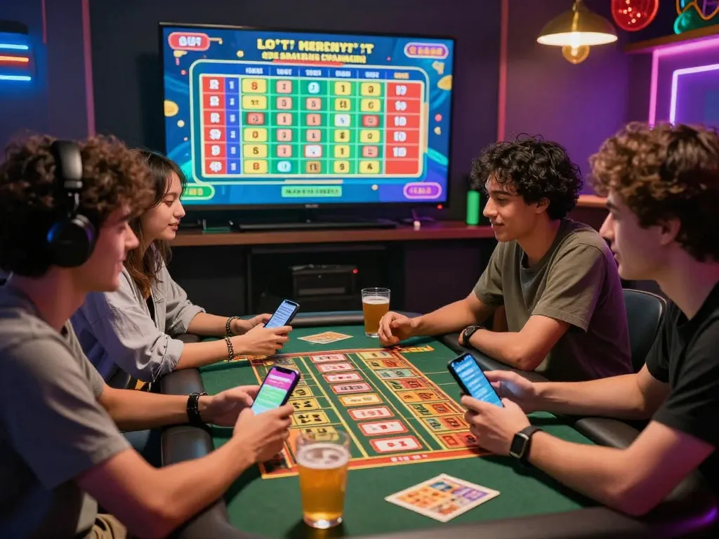 Group of friends enjoying lô đề game night with betting slips and festive atmosphere.