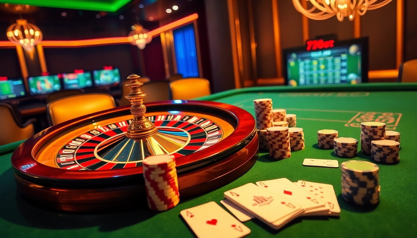 Experience the excitement of 789f com with vibrant casino games, poker chips, and roulette tables.