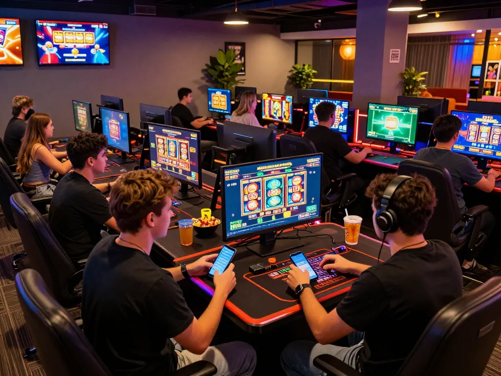Friends playing games at a lively online gaming hub featuring sunwin20 promotions and interactive screens.