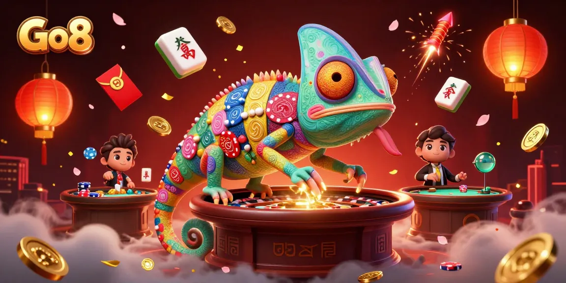 Watch Go8's chameleon casino owner snap up coins in a vibrant 3D casino scene.