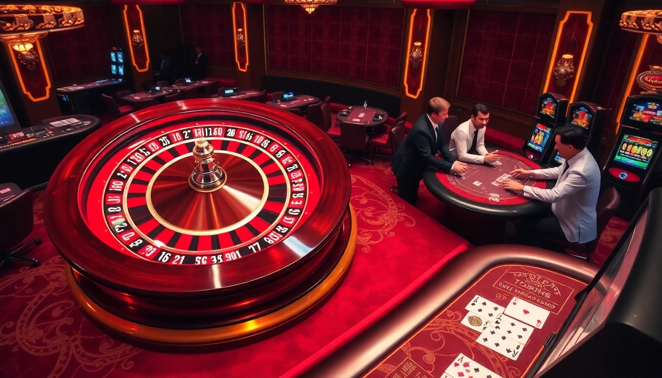 Experience thrilling gaming action at https://tg88co.com/ with a vibrant casino scene featuring roulette and poker excitement.