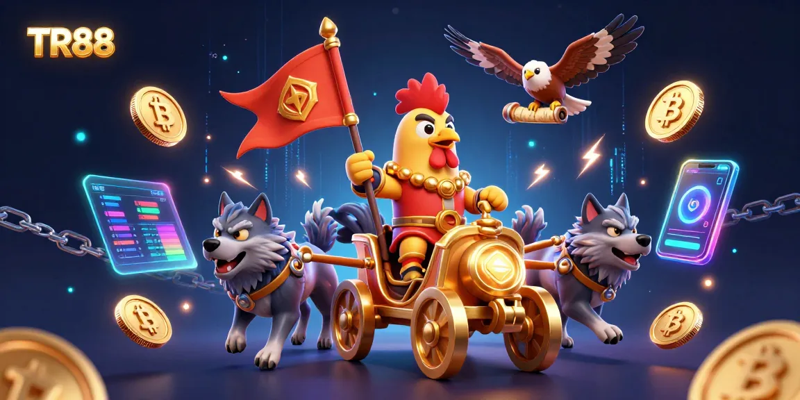 TR88 showcases a vibrant 3D illustration of a rooster warlord amidst glowing coins and casino elements.