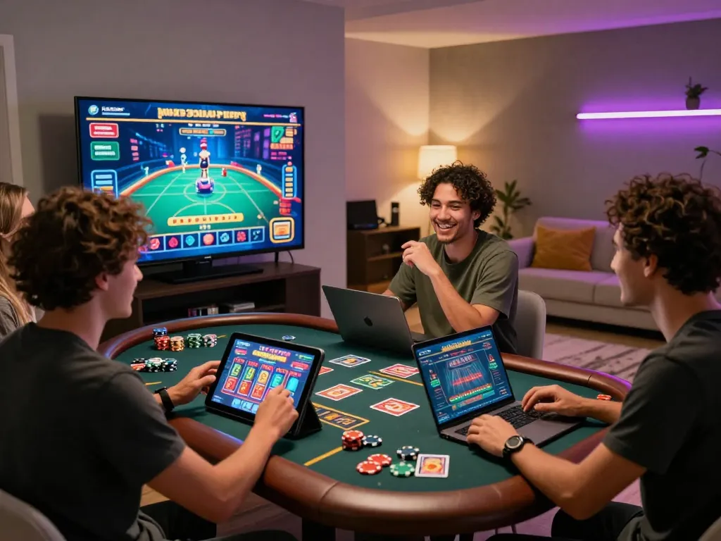 Friends enjoying an exciting game night inspired by https://rikviprent.com with engaging casino visuals and modern decor.