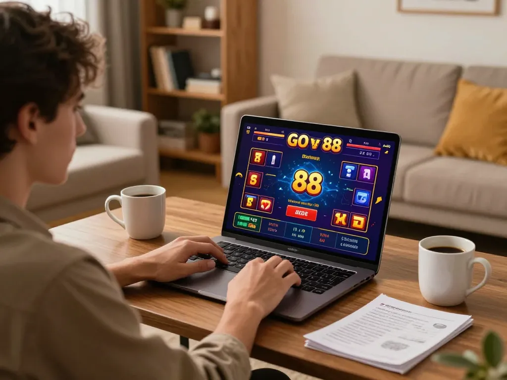 Engaging in go 88 online gaming on laptop while managing bankroll and strategies in a cozy home setting.