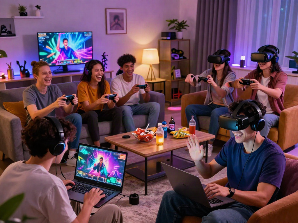 Friends enjoying interactive porn games in a cozy living room setting with engaging visuals and snacks.