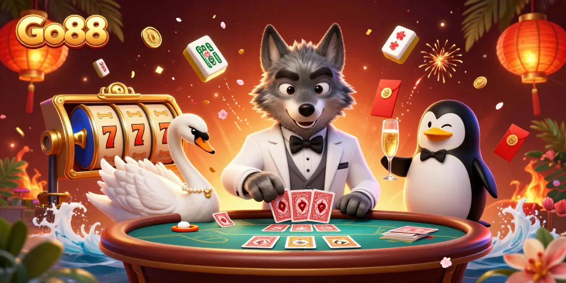 Experience Go88 with lively characters playing cards and presenting champagne at the baccarat table.