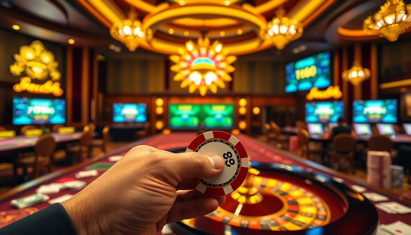 Experience the excitement of f168 with vibrant poker chips and a roulette wheel at a luxurious casino.