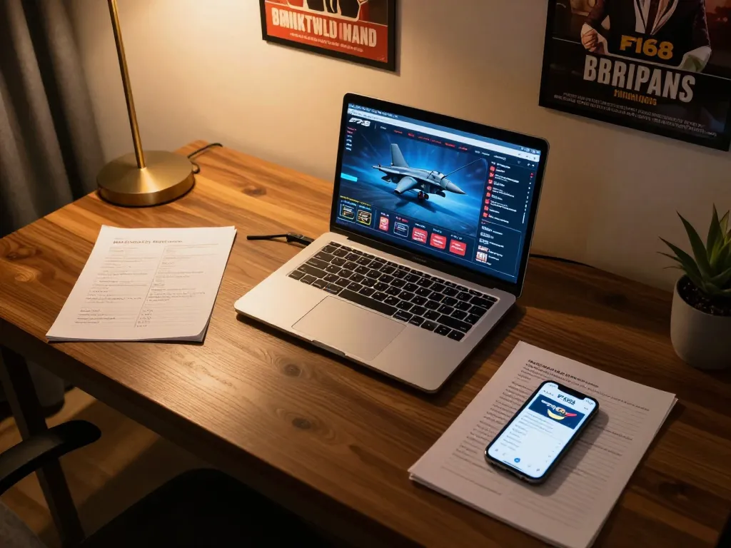 Players engaging with the F168 app on a modern laptop, strategizing bets in a cozy home setup.