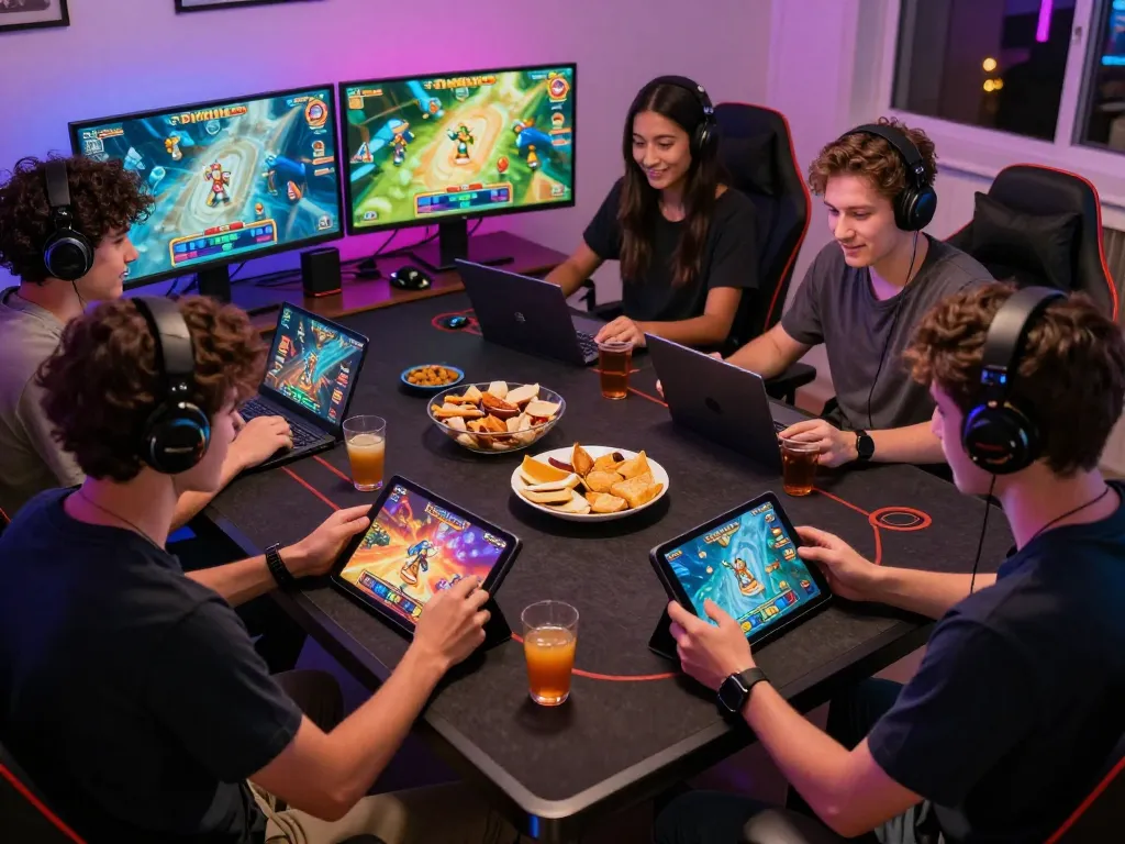 Exciting nổ hũ đổi thưởng gaming scene with friends enjoying online slots and vibrant graphics.