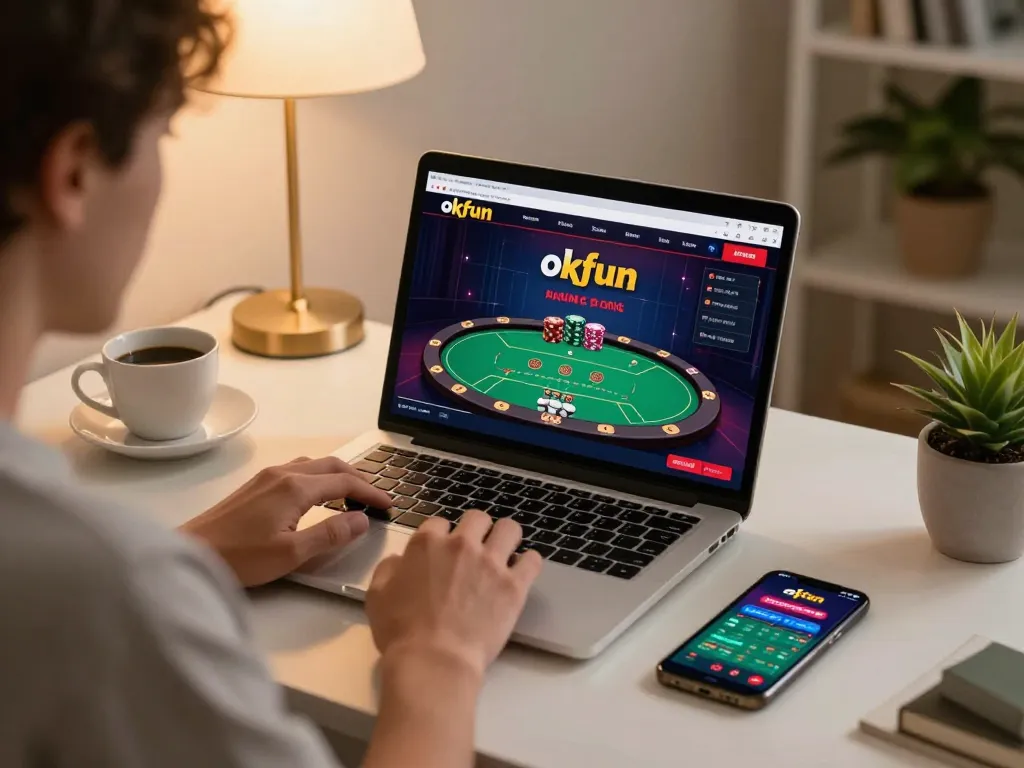 Player enjoying an exciting moment at okfun casino on a laptop while tracking poker game progress and strategizing.