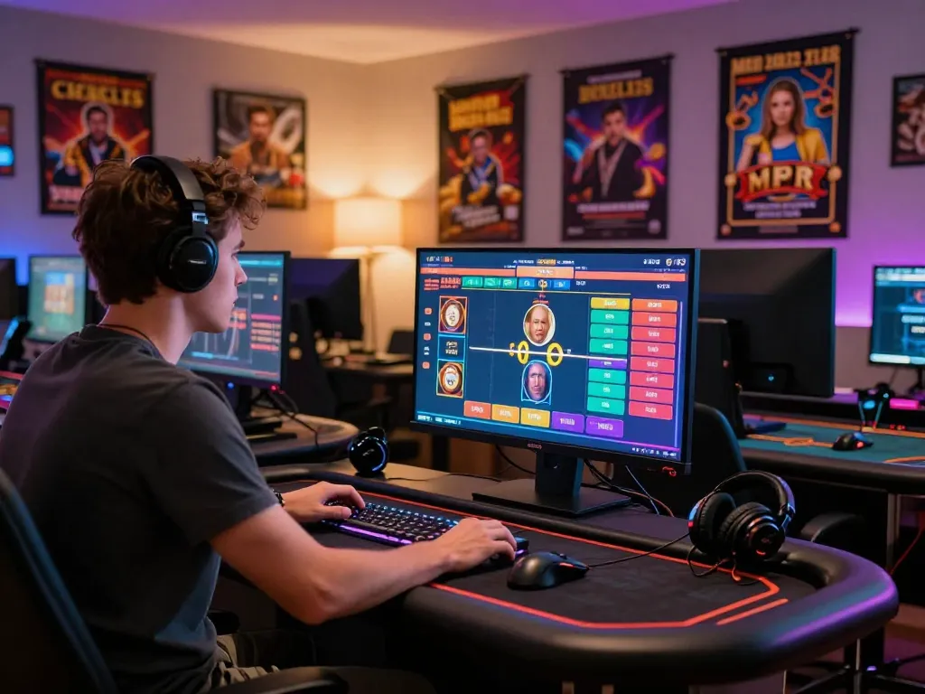Engaged player at online casino interface at https://bomwin.jp.net/ showcasing vibrant gaming setup.