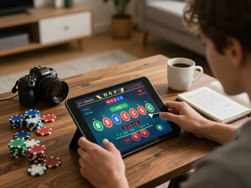 Player engaged in live baccarat at tg88 casino on tablet, showcasing vibrant interface and cozy atmosphere.