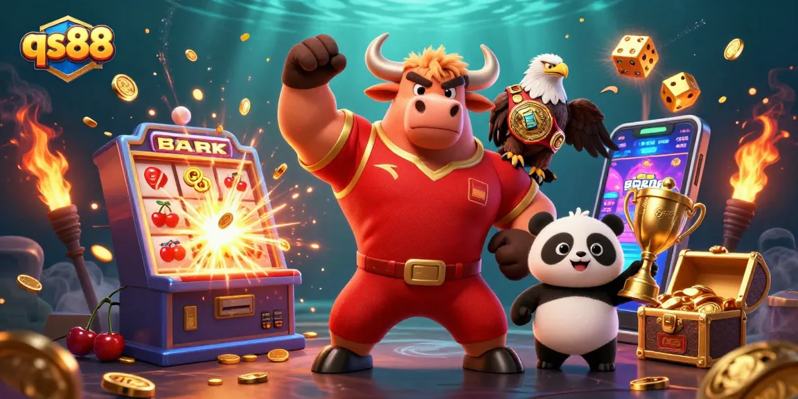 Experience thrilling gaming adventures with qs88, featuring mascots and a jackpot explosion in this vibrant illustration.
