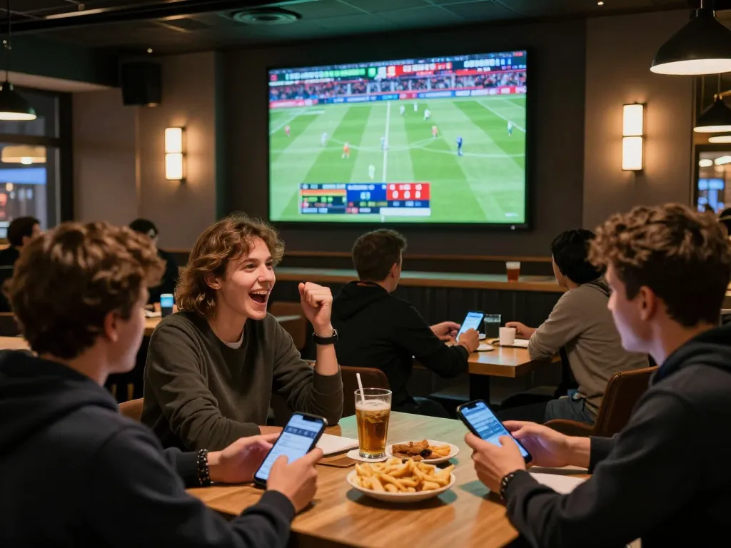 Excited patrons using mobile devices for live betting while watching a Bundesliga match at link go8 sports bar.