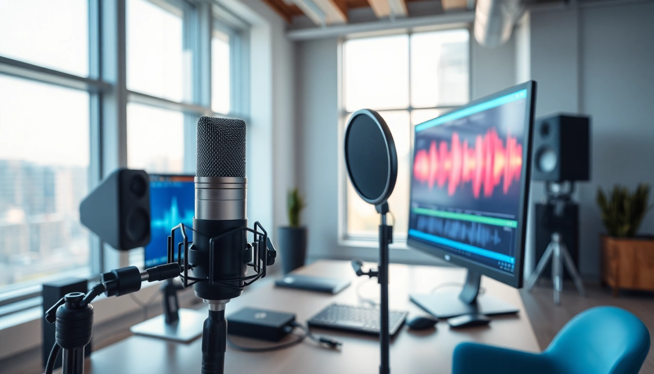 Generate lifelike AI Voice in a modern workspace with advanced audio equipment.