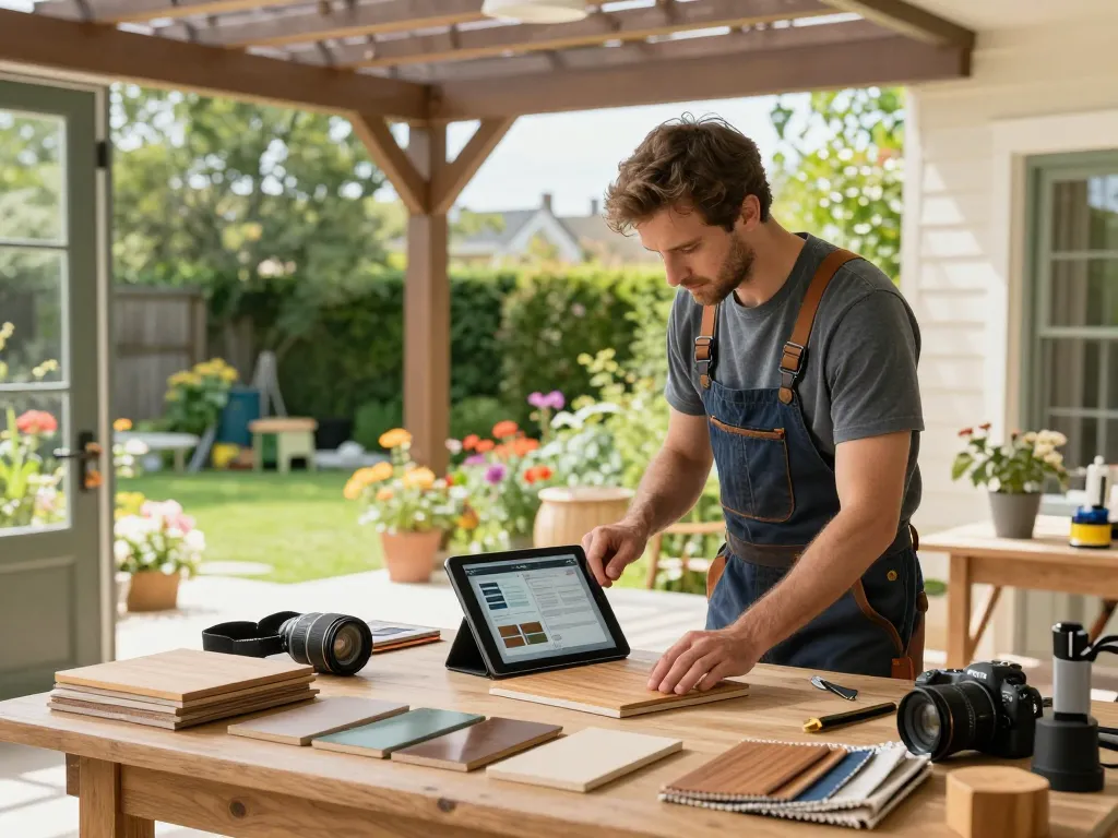 Configuratore pergole con preventivi automatici utilizzato da artigiani per personalizzare una pergola in un luminoso laboratorio da giardino.