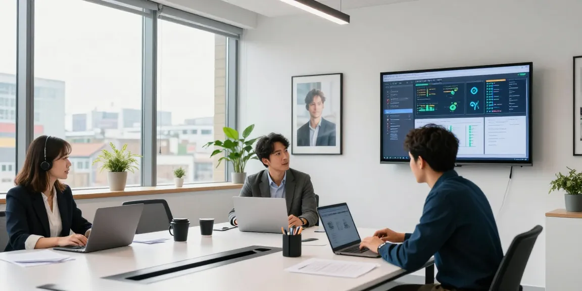 Business IT support londor team collaborating over tech strategies in modern office.