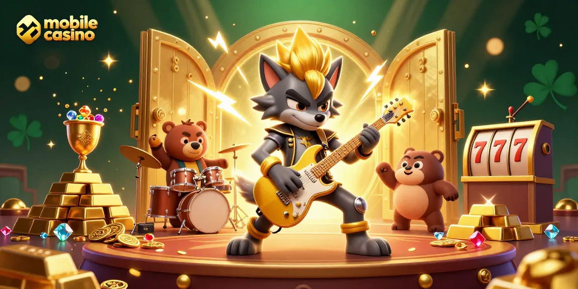 Experience the excitement of a mobile casino with a lively rock star wolf, dynamic gold treasures, and striking animation.