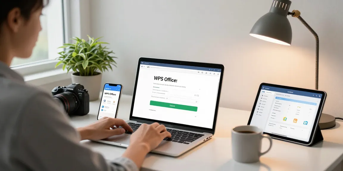 Modern home office scene highlighting WPS Download on laptop, smartphone with WPS app, and tablet displaying productivity tools.