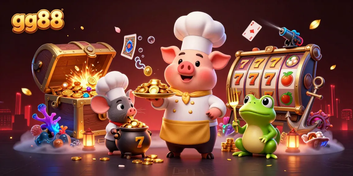 Experience thrilling slots action at gg88 with whimsical characters in an overflowing treasure scene.