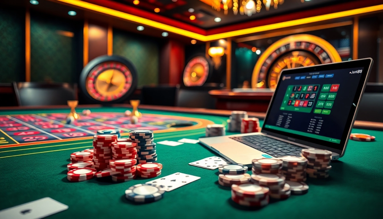 Engage with the vibrant casino experience at Nhà Cái Jun88 featuring roulette and poker chips.