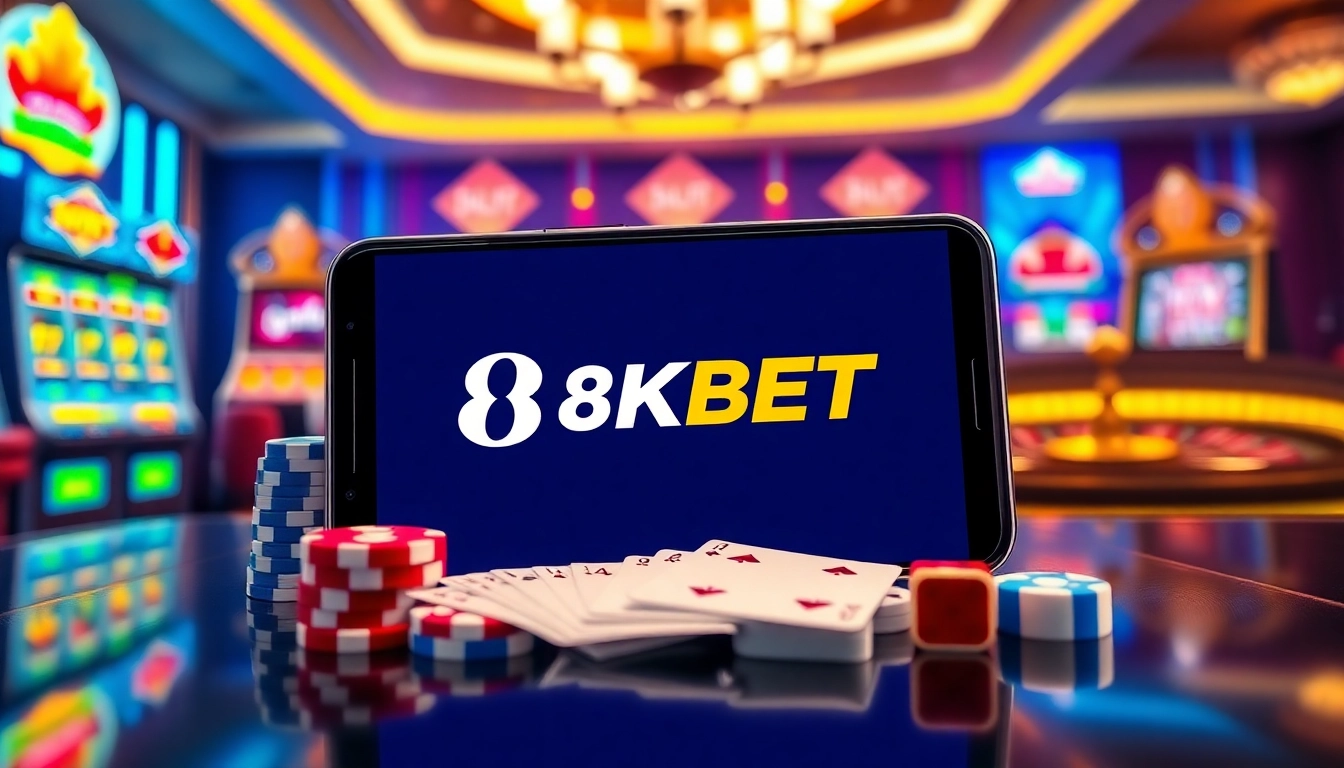 Tải app 8kbet and enjoy a seamless gambling experience with vibrant casino elements and a modern app interface.
