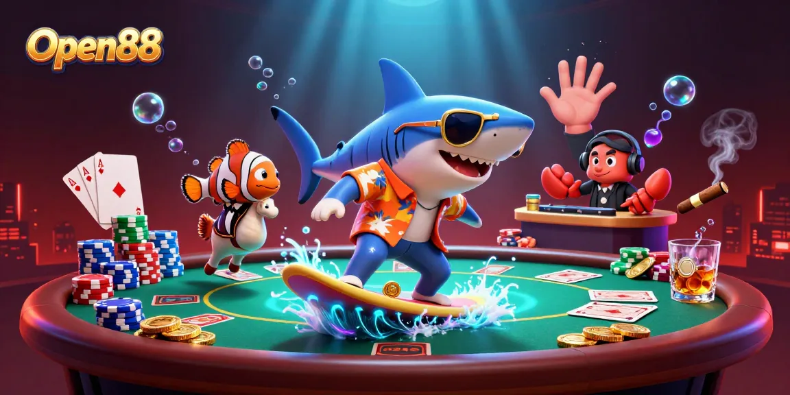 Open88 showcases an exciting gaming scene with a shark surfing gold coins in a vibrant underwater world.