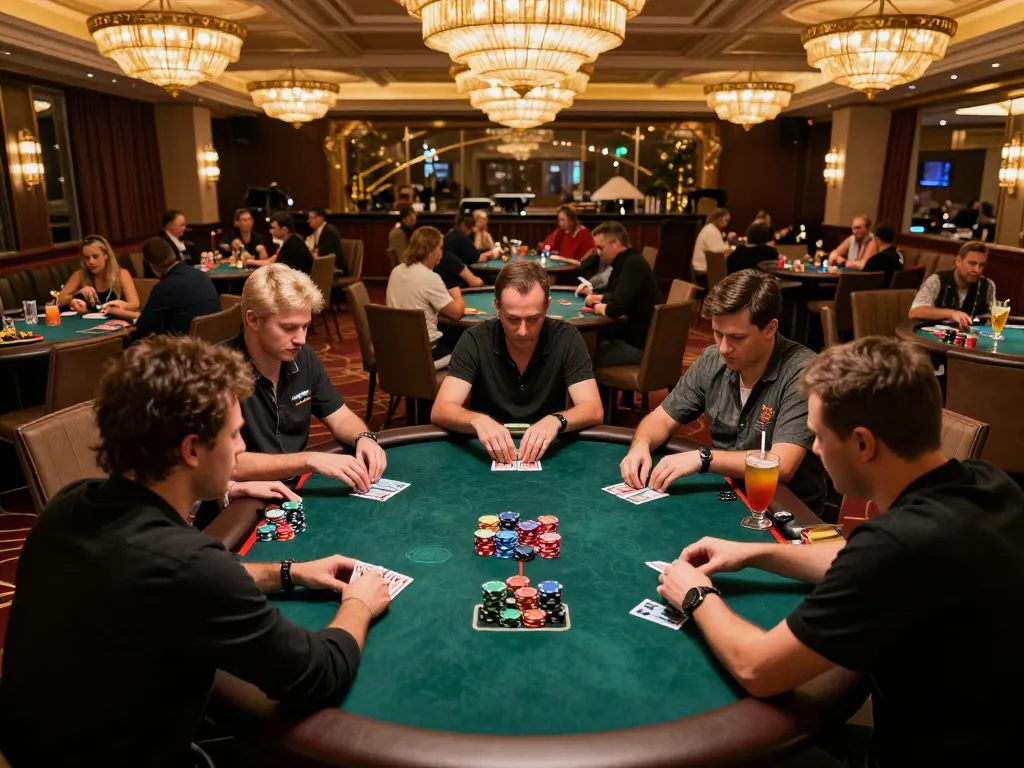 Players enjoying a competitive poker game at OnBet's luxurious casino, showcasing strategic gameplay.