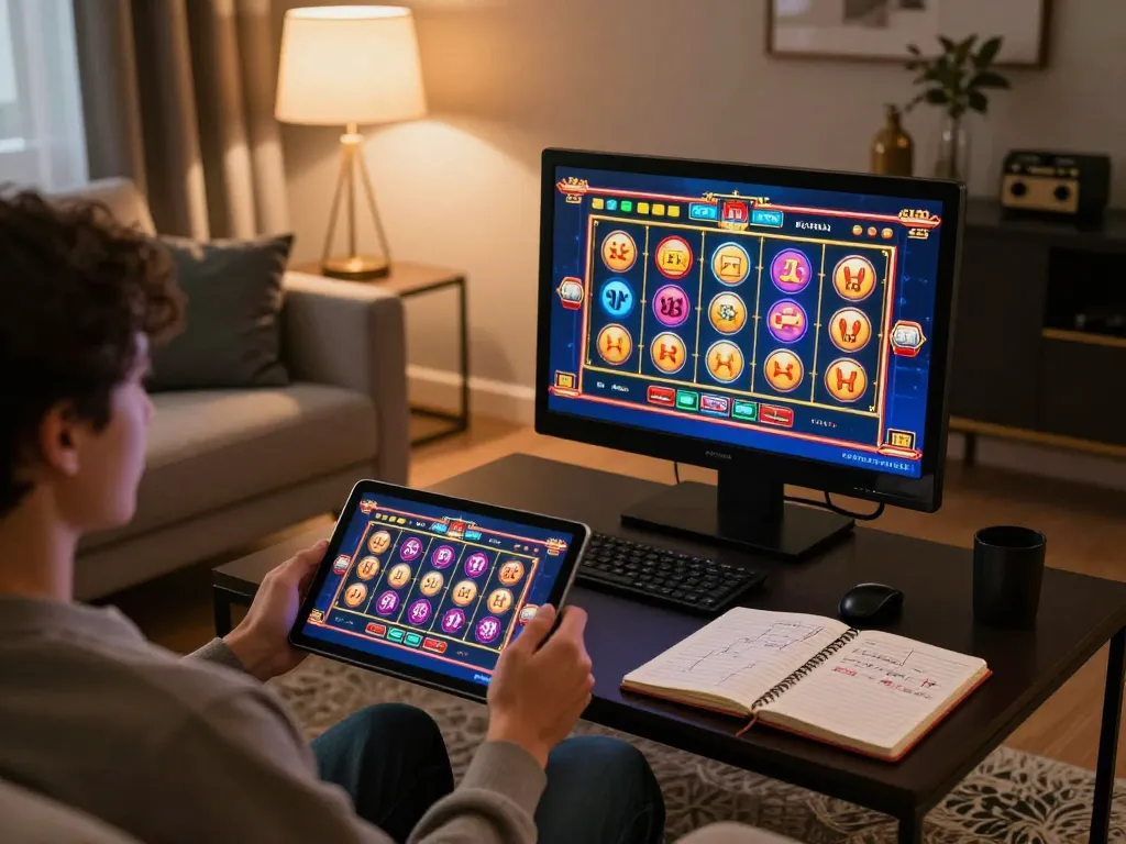 Player enjoying mk8 online casino games on a tablet, surrounded by strategic betting notes and warm lighting