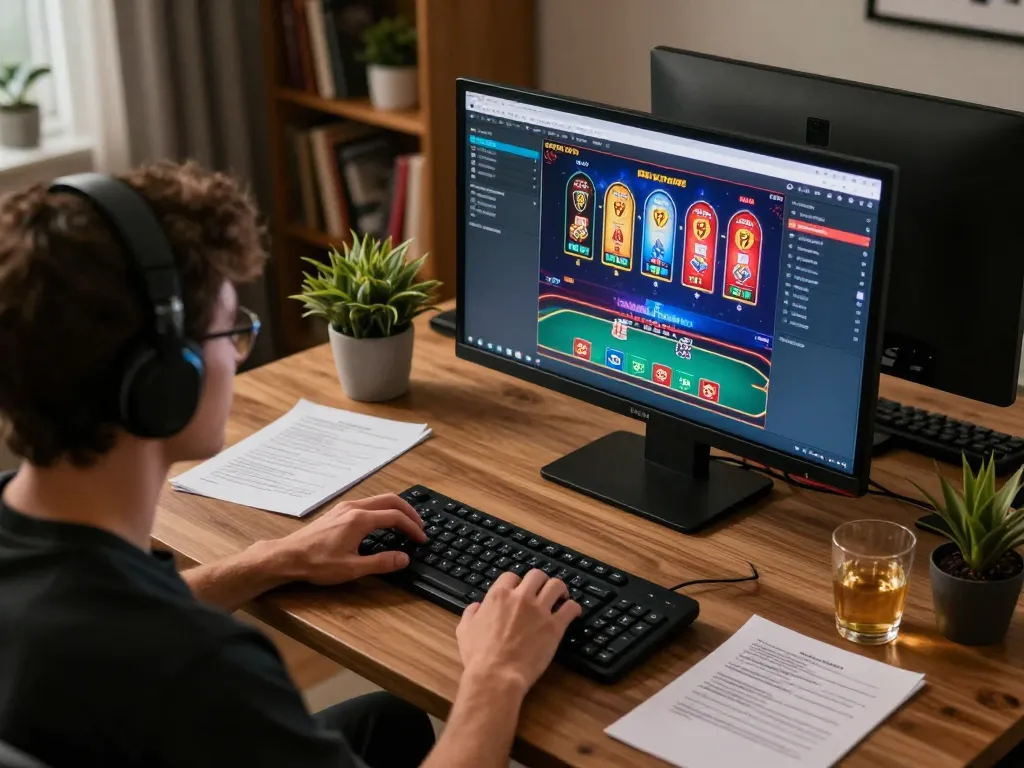 Player enjoys online games at fun79 with engaging poker and slot interfaces on screen.