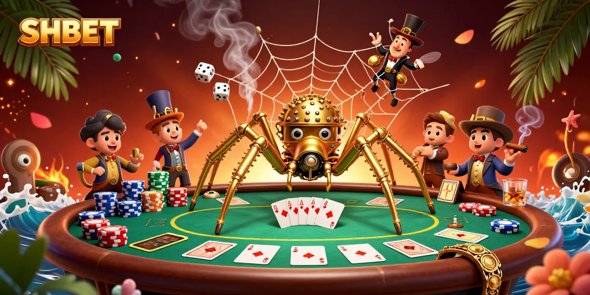 Enjoy thrilling gameplay with SHBET's vibrant casino scene featuring golden spider and poker elements.