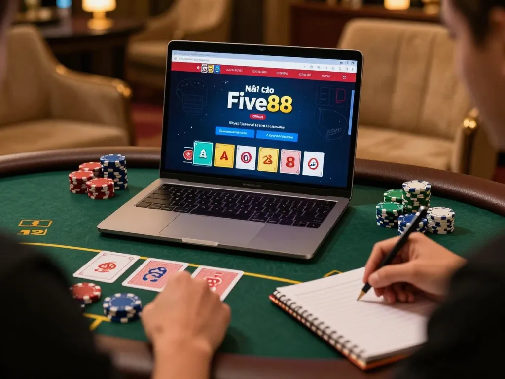 Engaging gameplay at Nhà cái Five88 with blackjack on laptop, highlighting immersive online betting experience.