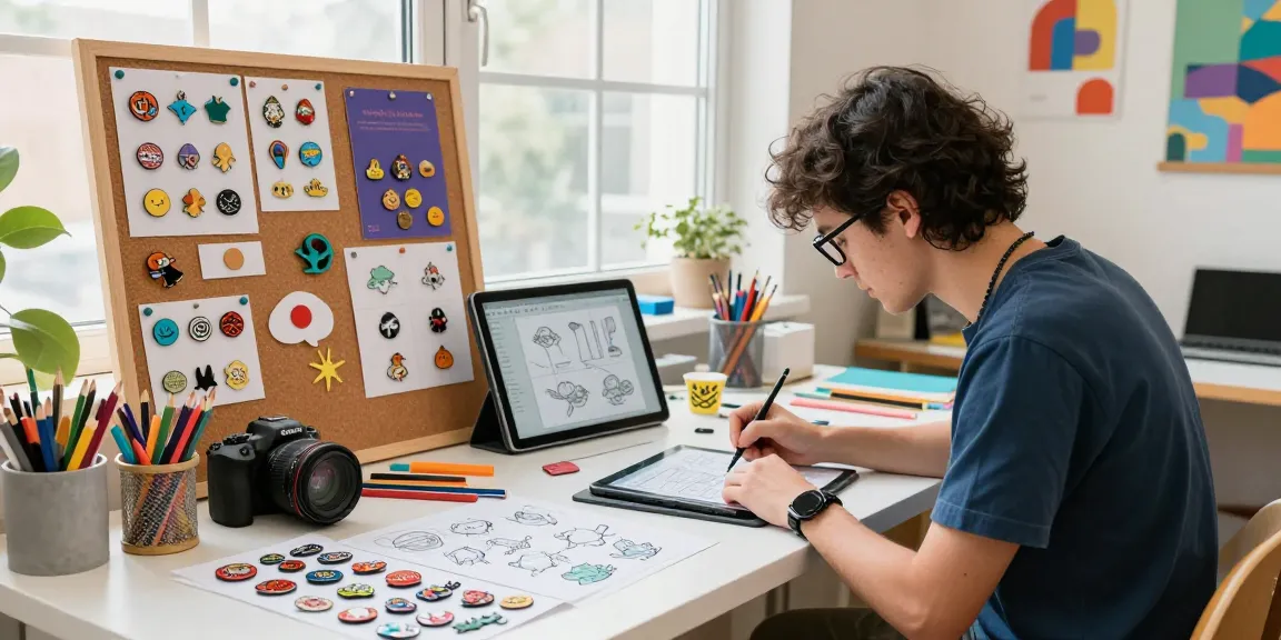 Custom pins design in vibrant studio with sketches and samples.
