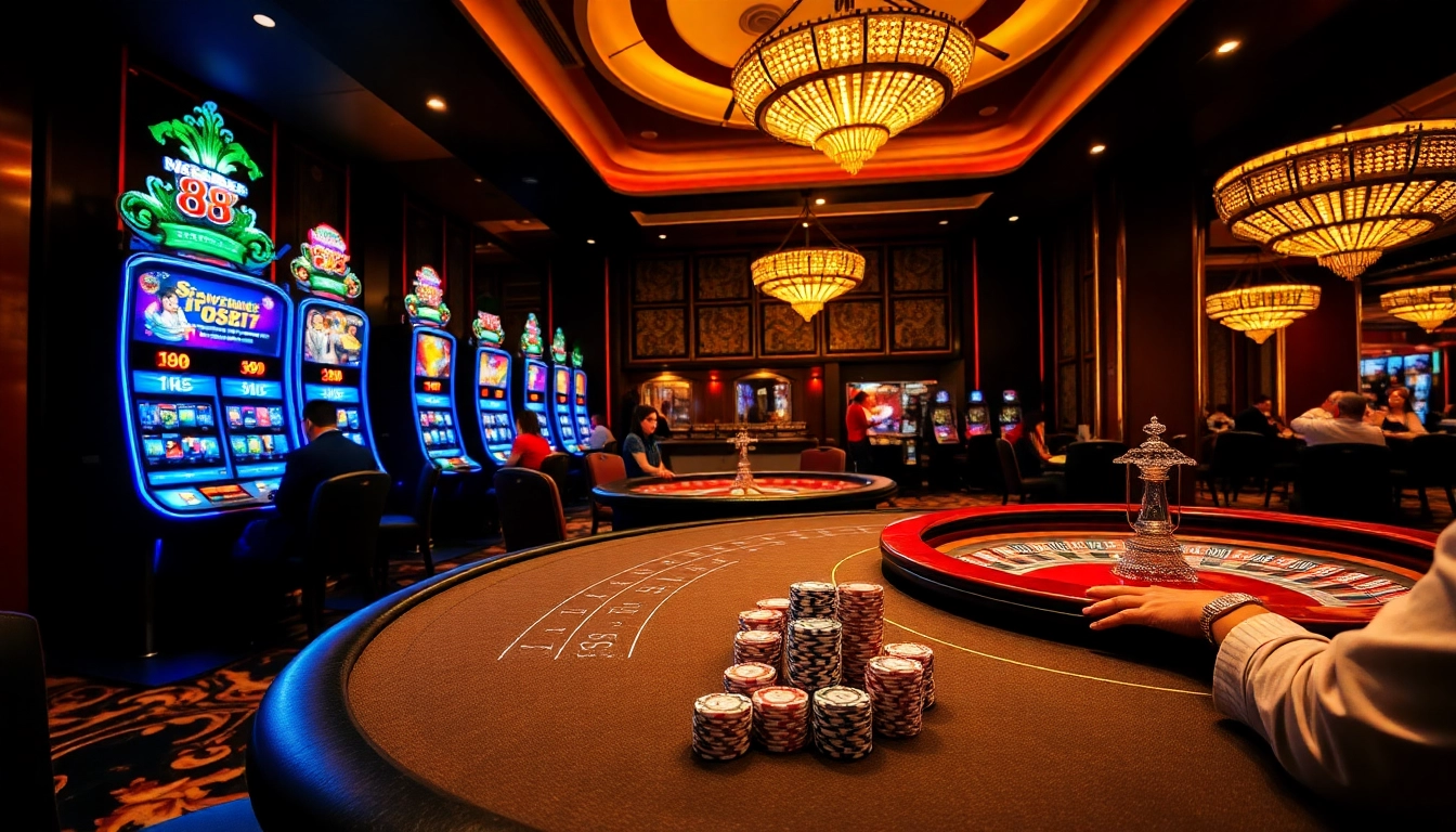 Gamblers enjoying the thrill of five 88-themed poker and blackjack games in a luxurious casino.