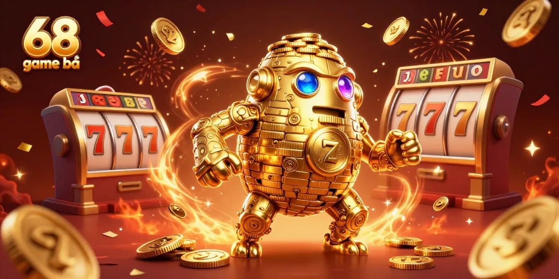 Experience excitement with 68 game bài featuring golden golem, slot reels, and dazzling fireworks.