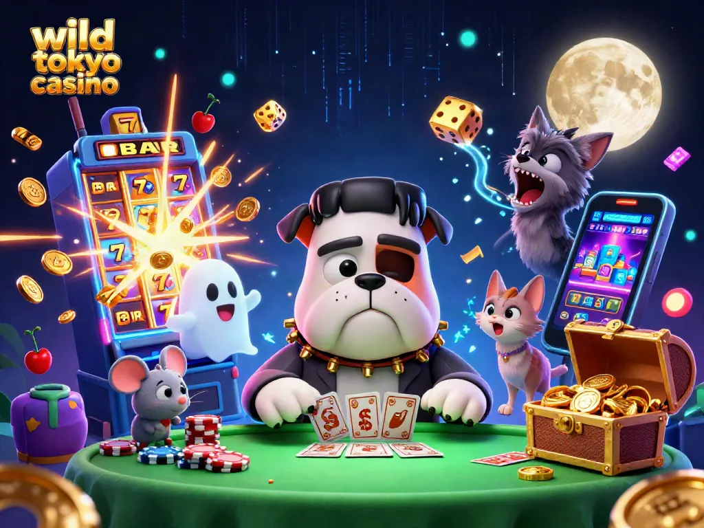 Engage with wild tokyo casino featuring a cartoon bulldog dealer at a vibrant gambling table with exciting game elements.