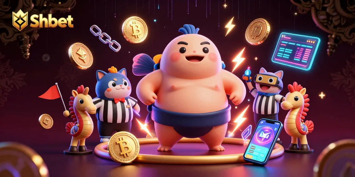 Shbet engages players with vibrant 3D casino illustration featuring a fugu in a sumo belt surrounded by crypto elements