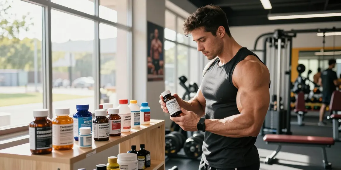 Steroide Boutique athlete inspecting Testosterone Enanthate in a modern gym environment
