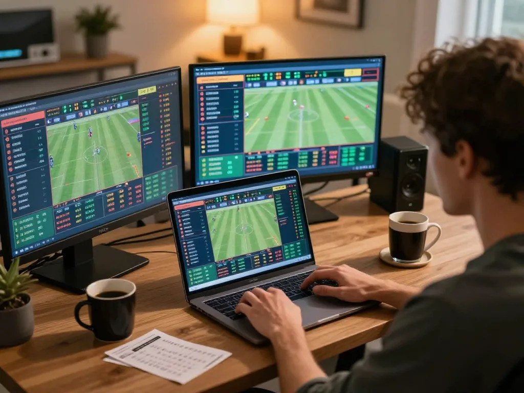 Engaged bettor analyzing odds and strategies on laptop during a live sports betting session at home, showcasing the excitement of bsport gambling activity